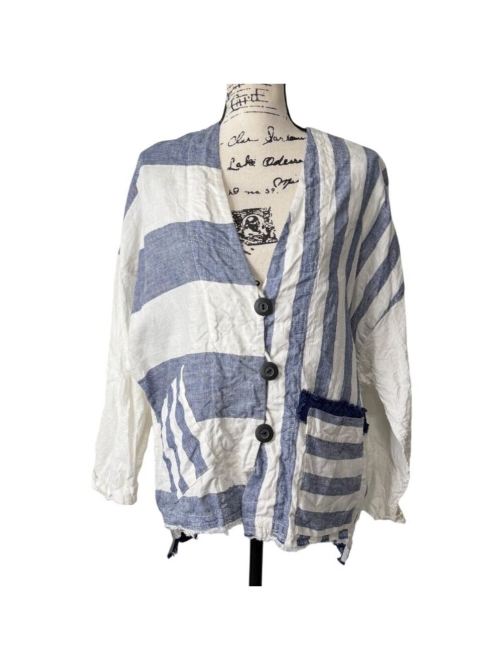 Mara Gibbucci Women Sz M Button-Up Top Jacket Linen Stripe Patchwork Blue White